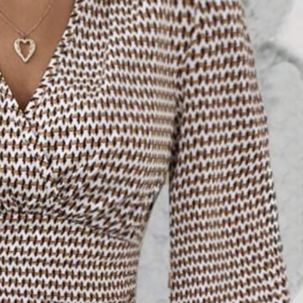 Long Sleeve Top Brown Sheared Waist Geometric Lantern Sleeve Boho Fall Blouse - Picture 3 of 13
